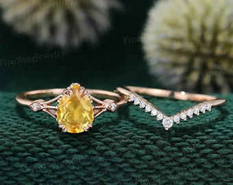 Unique Citrine Engagement Ring Set Vintage 14K Rose Gold Citrine Moissanite Wedding Ring Set band Curve wedding Bridal Anniversary gift