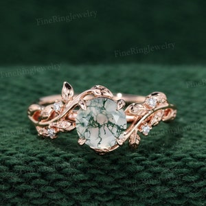 6.5mm Round Cut Green Moss Agate Ring Vintage Rose Gold Leaf Nature Inspired Unique Engagement Ring Five Stone Diamond Bridal Wedding Ring