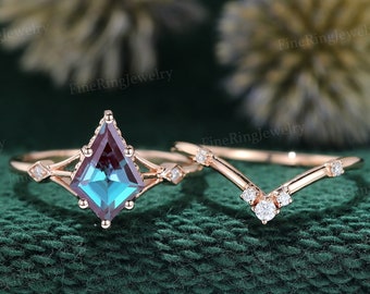Zestaw pierścionków zaręczynowych z aleksandrytem w szlifie latawca, 14-karatowe różowe złoto, pierścionek zaręczynowy z moissanitem, wyjątkowy, zabytkowy, delikatny pierścionek na rocznicę ślubu