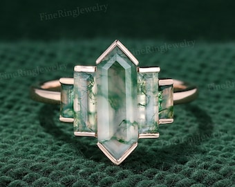 Anello di fidanzamento unico con agata muschiata naturale esagonale, anello di fidanzamento con baguette a grappolo, incastonato in oro rosa 14 carati, regalo di anniversario di matrimonio in stile Art Déco.