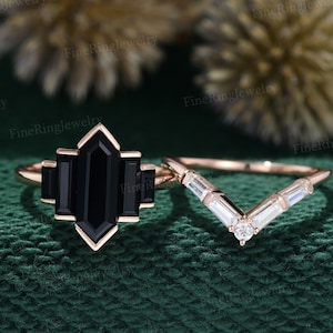 14K Rose gold Hexagon Black Onyx engagement ring set Cluster baguette ring Baguette engagement ring set Bezel Set Bridal promise Anniversary
