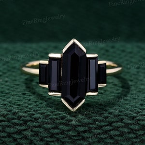 Cluster baguette engagement ring Unique Hexagon Black Onyx engagement ring Yellow gold ring Bezel Set art deco Bridal Promise Anniversary