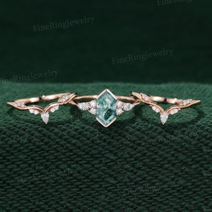 Hexagon cut Moss Agate engagement ring set Unique Rose gold Moissanite Diamond engagement ring Vintage Bridal set Promise Anniversary gift