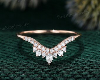 Curved wedding band women Unique wedding band Rose gold vintage Pear shaped Moissanite Diamond Stacking ring Matching bridal promise gift