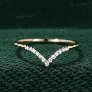 Unique Curved wedding ring Diamond wedding band 14K Yellow gold Moissanite wedding band matching band Vintage Bridal Anniversary gift ring