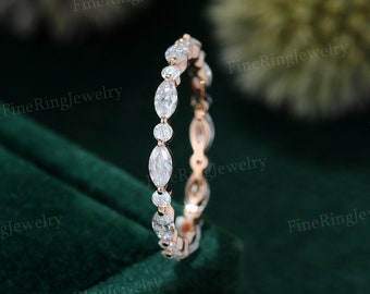Rose gold wedding band women Moissanite wedding band vintage Marquise cut Diamond stacking matching Unique Full eternity Bridal Promise gift