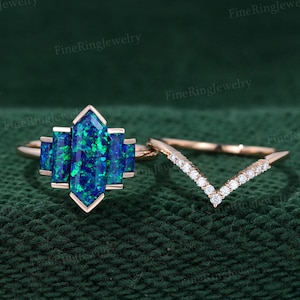 Hexagon Black Opal Verlobungsring Set Cluster Baguette Lünette Art-Deco-Ring 14K Rose Gold Passende Stapeln Versprechen Jahrestag Geschenk