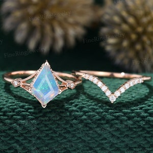 14K Rose gold kite cut Opal engagement ring set Unique bridal ring set Vintage moissanite ring women Diamond wedding Bridal Anniversary gift