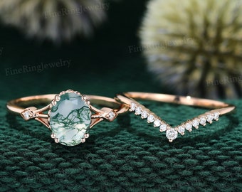 unique Oval Moss Agate engagement ring set vintage engagement ring set Rose gold engagement ring set Bridal promise anniversary ring set