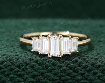 Unique Baguette moissanite engagement ring Vintage Yellow gold engagement ring Cluster ring Bezel  art deco Bridal Promise Anniversary gift