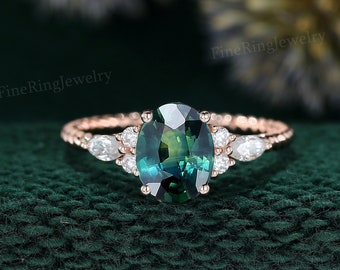 Vintage blue-green sapphire engagement ring Oval cut rose gold ring marquise cut moissanite diamond promise Anniversary gift for her