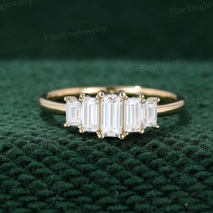 Unique Baguette moissanite engagement ring Vintage Yellow gold engagement ring Cluster ring Bezel  art deco Bridal Promise Anniversary gift