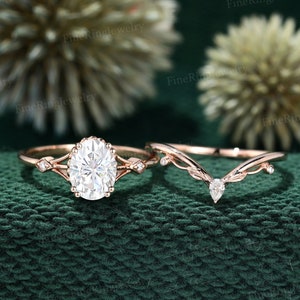Oval cut moissanite engagement ring set Vintage rose gold Cluster engagement ring Diamond wedding Art Deco ring Bridal Promise Anniversary