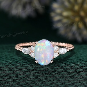 Unique Oval natural opal engagement ring Vintage Rose gold wedding ring Delicate Moissanite diamond Ring Anniversary promise ring