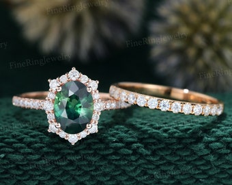 blue-green sapphire engagement ring set Rose gold ring halo ring Oval cut ring wedding band stacking matching ring set anniversary gift