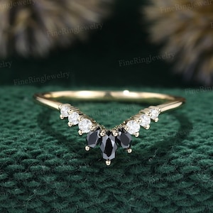 Curved Marquise cut Black onyx wedding ring band women Unique Moissanite diamond vintage  wedding band Matching Bridal Promise gift ring