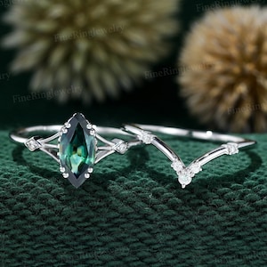 2PCS Marquise cut Lab Blue green sapphire engagement ring set White gold Moissanite engagement ring Vintage Bridal Promise Anniversary gift