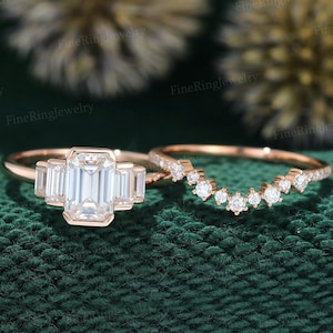 14K Rose gold Ring Emerald cut Moissanite engagement ring set Cluster baguette engagement Bezel Set art deco Bridal Promise Anniversary ring