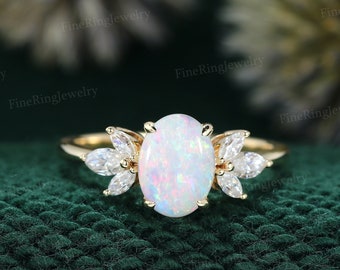 Oval natural opal engagement ring Unique Vintage Yellow gold wedding ring Delicate Moissanite diamond Ring wedding promise Anniversary gift