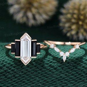 Unique Hexagon cut Moissanite engagement ring set Vintage 14k Rose gold Cluster baguette Black Onyx engagement ring Bezel Set art deco ring
