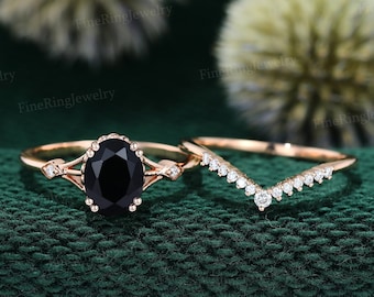 Oval cut Black Onyx engagement ring set Vintage Rose gold engagement ring diamond engagement ring  art deco ring wedding Anniversary ring