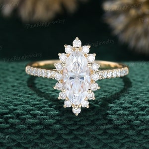 Unique Vintage Yellow gold engagement ring Marquise cut moissanite engagement ring diamond engagement ring wedding Bridal Anniversary gift
