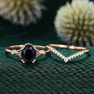 Oval cut Black Onyx engagement ring set Vintage Rose gold engagement ring diamond engagement ring  art deco ring wedding Anniversary ring