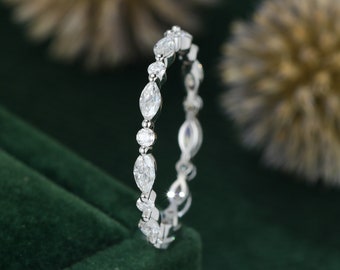 14K White gold Marquise cut wedding ring Moissanite wedding ring vintage Diamond stacking matching Unique Full eternity Bridal Promise gift