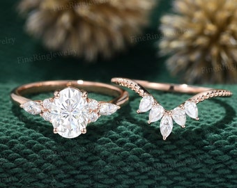 Oval Moissanite engagement ring set vintage unique rose gold engagement ring women Marquise Cluster ring diamond wedding Bridal Promise gift