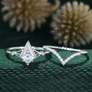 Unique Kite cut Moissanite engagement ring set White gold engagement ring Vintage art deco engagement ring Bridal promise Anniversary gift