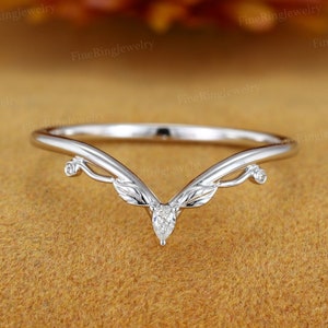 Anillo de bodas vintage de oro blanco, anillo de bodas de diamantes único, anillo de bodas de moissanita curva, anillo de hoja, promesa nupcial, regalo de aniversario para ella
