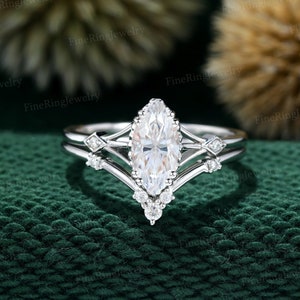White gold Marquise Moissanite engagement ring set Vintage  Moissanite ring Unique cluster diamond ring Bridal set Promise Anniversary gift