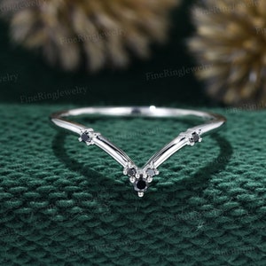 Unique Curved wedding band ring White gold Black Onyx wedding ring band women Black Diamond Bridal Stacking Matching promise Anniversary