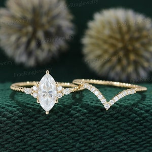 Unique Marquise cluster moissanite engagement ring set Vintage Yellow gold engagement ring wedding Bridal Promise Anniversary gift for her