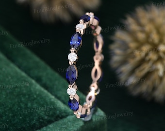 Wedding ring band women Moissanite wedding ring Rose gold Marquise cut Lab Blue Sapphire stacking matching Full eternity Bridal Promise gift