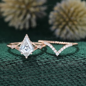 Kite cut Moissanite engagement ring set Unique Rose gold engagement ring Vintage art deco engagement ring curved wedding band Bridal set