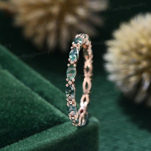 Marquise moss agate wedding band 14K Rose gold wedding band women eternity diamond Matching Unique Bridal Stacking Promise gift for women