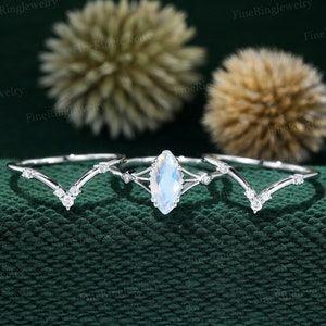 3pcs Marquise cut Moonstone engagement ring set White gold Cluster engagement ring Unique vintage Diamond curved wedding Bridal Promise gift