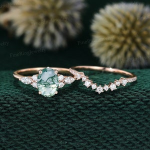 Moss agate engagement ring set unique Rose gold engagement ring vintage Cluster diamond wedding Bridal Promise ring anniversary gifts