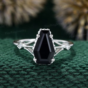 Unique Black Onyx engagement Coffin shaped ring Vintage White gold Moissanite engagement ring diamond wedding ring Anniversary Promise gift