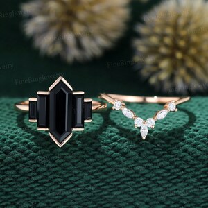 14K Rose gold Hexagon Black Onyx engagement ring set Marquise engagement ring Cluster baguette ring Bezel Set Bridal promise Anniversary