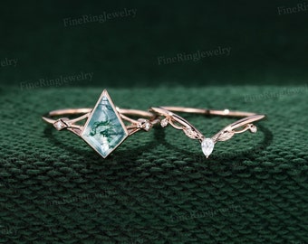 Unique kite cut natural moss agate engagement ring set 14k Rose gold engagement moissanite ring for women vintage bridal wedding gift ring