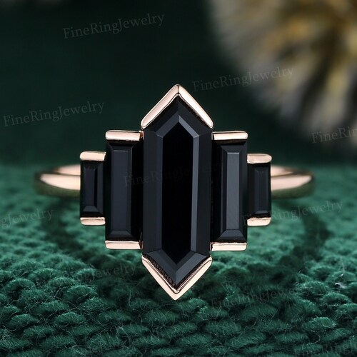 Hexagon Black Onyx Engagement Ring Set Cluster Baguette - Etsy