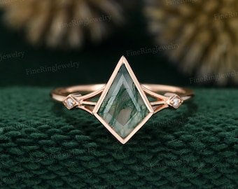 Einzigartige Drachenschliff grüner Moos Achat Verlobungsring14k Roségold Moissanit Ring Art Deco Diamant Ehering Jahrestag Geschenk Ring