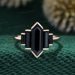 Unique Hexagon Black Onyx engagement ring Cluster baguette engagement ring Rose gold ring Bezel Set art deco Bridal Promise Anniversary gift