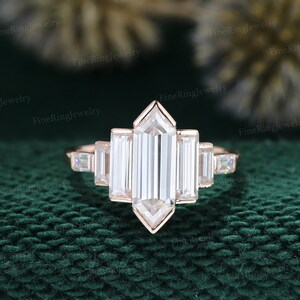 Unique Hexagon moissanite engagement ring Cluster baguette engagement ring Rose gold ring Bezel Set art deco anniversary bridal promise ring