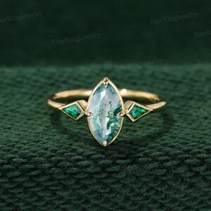 Anillo de compromiso de ágata musgosa natural de 1 ct, oro macizo de 14 quilates, anillo de oro amarillo geométrico con corte marquesa, racimo de ágata musgosa, anillo nupcial con esmeralda de laboratorio