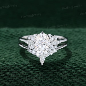 Oval Moissanite Wedding & Engagement ring set 14K White gold cluster engagement ring Vintage Unique Bridal promise Anniversary gift for her