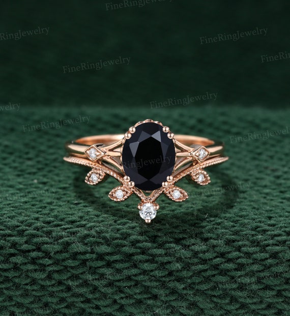 Unique Oval Shaped Black Onyx Engagement Ring Set Vintage Women
