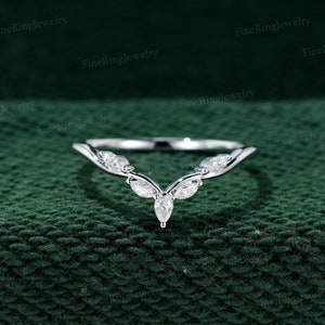 Vintage Moissanite wedding band Unique 14K White gold Diamond wedding bridal ring Marquise curved wedding ring promise ring anniversary gif